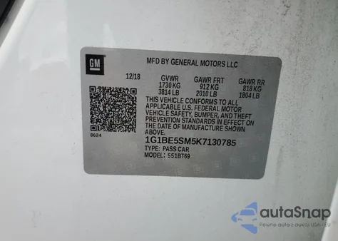 2019 Chevrolet Cruze Lt from USA, damaged, VIN 1G1BE5SM5K7130785